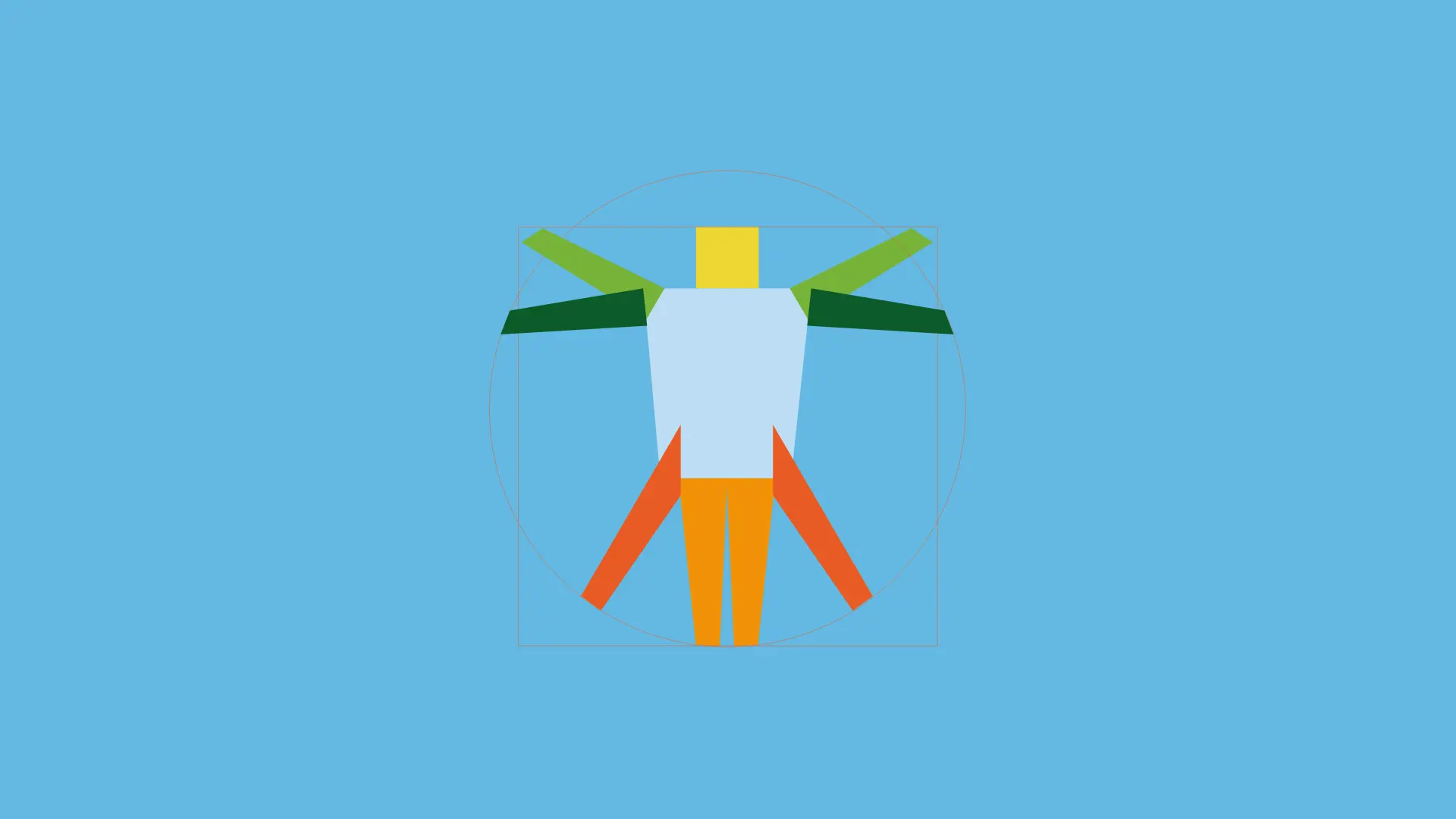 Buntes Bild mit einem abstrakt gezeichneten vitruvianischen Mensch auf hellblauem Hintergrund. Der vitruvianische Mensch von Leonardo Da Vinci, abstrakt in Bauhausoptik gezeichnet, symbolisiert auf der Seite Über uns auf dem Jobportal Jobikom.de, dass das Team der GIZZImedia GmbH Menschen zusammen bringt. Es ist die Vision von Jobikom und der GIZZImedia GmbH, Menschen und Arbeit zu verbinden. Der Mensch steht bei all unserem Tun im Mittelpunkt.