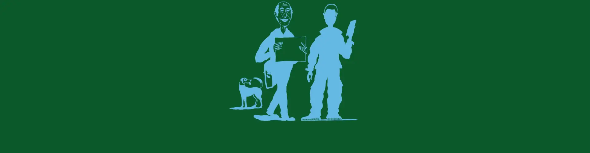 Persona von Zustellerkom. Zwei Zustellende, Elli und Hans mit Hund Kiko