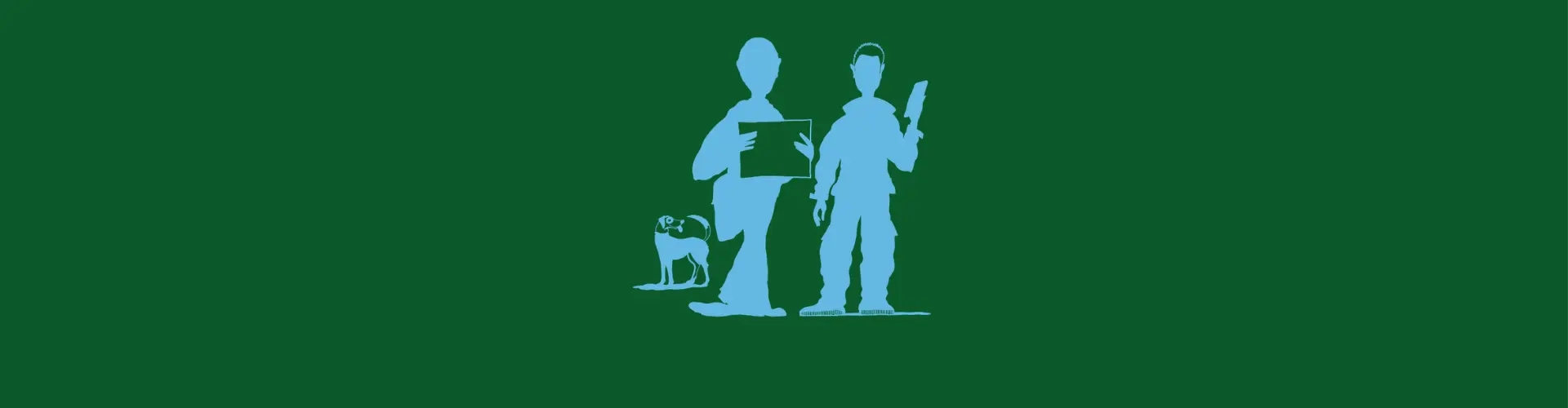 Persona von Zustellerkom. Zwei Zustellende, Elli und Hans mit Hund Kiko
