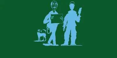 Persona von Zustellerkom. Zwei Zustellende, Elli und Hans mit Hund Kiko