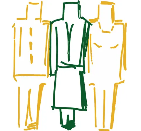 Es sind drei umrandete abstrakt gezeichnete Personen zu sehen. Diese visualisieren das Thema Zugang zu Informationen auf dem Jobportal Jobikom.de
