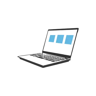 Ein geöffnetes Laptop bei dem auf dem Bildschirm drei blaue Quadrate abgebildet sind, das signalisieren soll, dass Bewerbungen eingegangen sind.